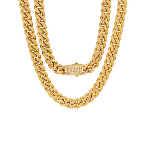 Men's 18k Gold Plated Stainless Steel Thick Cuban Link Chain Necklace with Simulated Diamonds Clasp