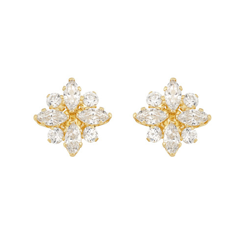 Cubic Zirconia Flower Cluster Stud Earrings in 14k Yellow Gold