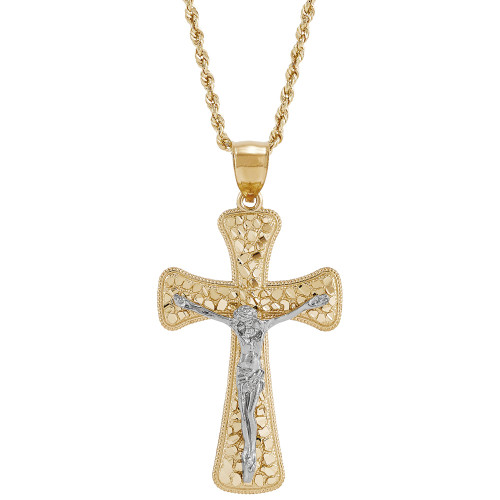 Men's Polished Nugget Crucifix 22" Pendant Necklace in 10k Yellow & White Gold