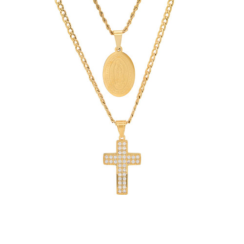Men's 2 Pieces 18k Gold Plated Stainless Steel and Simulated Diamonds Double Layered Cross and Our Lady of Guadalupe Pendant Set