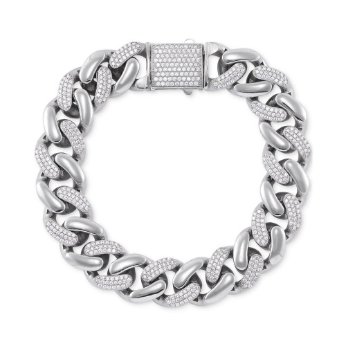 Men's Cubic Zirconia Pavé Curb Link Chain Bracelet in Sterling Silver