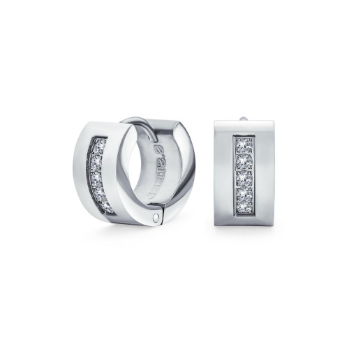 Unisex Channel Set 3 Row Cubic Zirconia CZ K-pop Wide Mini Hoop Huggie Earrings For Men For Women Silver Plated Steel Stainless