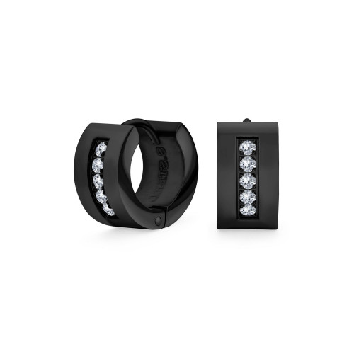 Unisex Channel Set 3 Row Cubic Zirconia CZ K-pop Wide Mini Hoop Huggie Earrings For Men For Women Black Plated Steel Stainless
