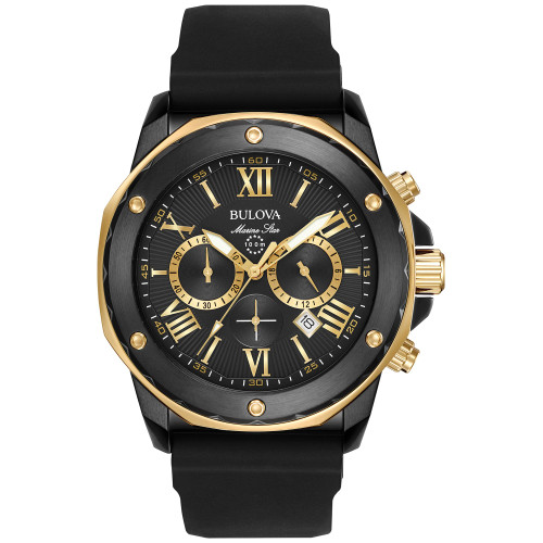 Men's Chronograph Marine Star Black Silicone Strap Watch 44mm 98B278