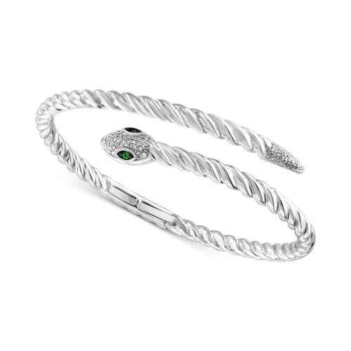 EFFY® Diamond (1/4 ct. t.w.) & Tsavorite (1/20 ct. t.w.) Snake Bypass Bangle Bracelet in Sterling Silver