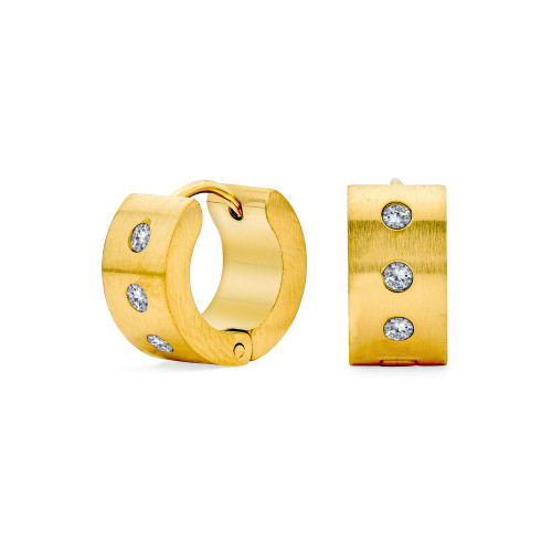 Unisex Channel Set 3 Row Cubic Zirconia CZ K-pop Wide Mini Hoop Huggie Earrings For Men For Women Silver Black, Rose Yellow Gold Plated Steel Stainless