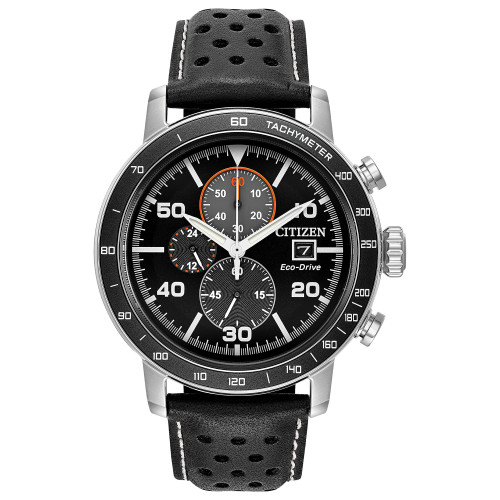 Eco-Drive Men's Chronograph Black Leather Strap Watch 44mm