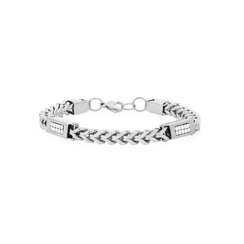 Men's Stainless Steel Wheat Chain and Simulated Diamonds Link Bracelet