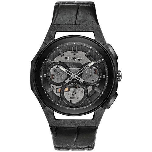 Men's Chronograph Curv Black Leather Strap Watch 44mm