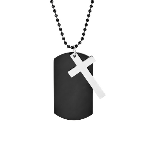 Men's Black Plate Stainless Steel Dog Tag with Cross Necklace