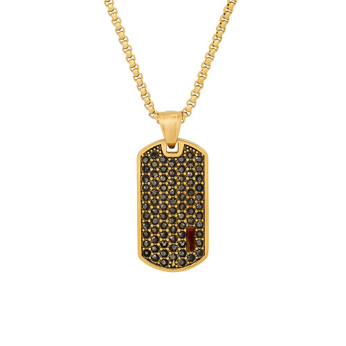 Men's 18k Gold Plated Stainless Steel Simulated Diamonds and Tiger Eye Dog Tag Pendant