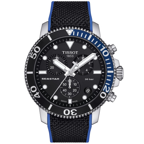 Men's Swiss Chronograph Seastar 1000 Black Textile Strap Watch 46mm