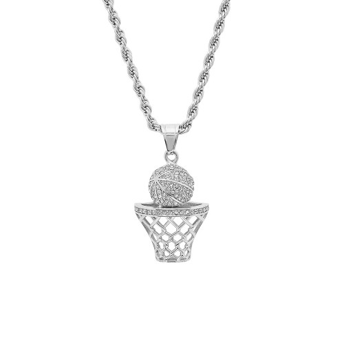 Men's Stainless Steel Simulated Diamond Basketball and Hoop Pendant