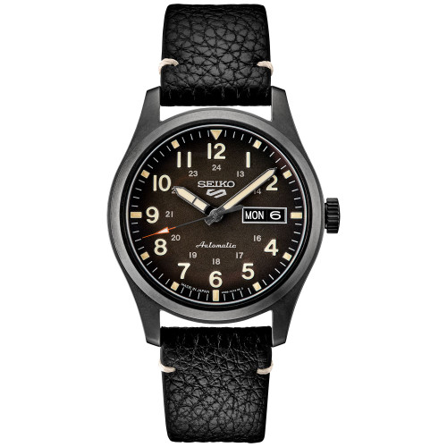 Men's Automatic 5 Sports Black Leather Strap Watch 43mm