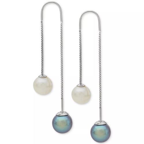 Gray and White Cultured Freshwater Pearl (8mm) Threader Earrings in Sterling Silver (Also Available in Blush and White)