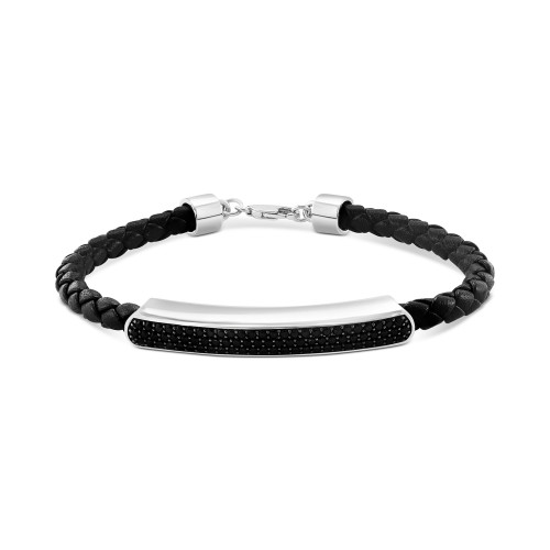 EFFY® Men's Black Spinel Leather Cord Bracelet (1-1/3 ct. t.w.) Sterling Silver