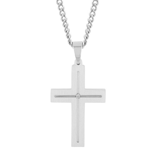 Macy's Men's Certified Diamond Accent Flat Cross Pendant Necklace in Stainless Steel