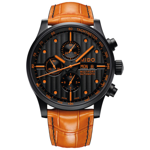 Men's Swiss Automatic Multifort Orange Leather & Interchangeable Black Leather Strap Watch 44mm