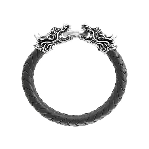 EFFY® Men's Black Onyx Dragon 8" Bracelet in Leather and Sterling Silver