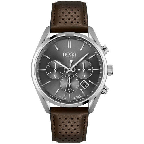 HUGO Men's Chronograph Champion Brown Leather Strap Watch 44mm