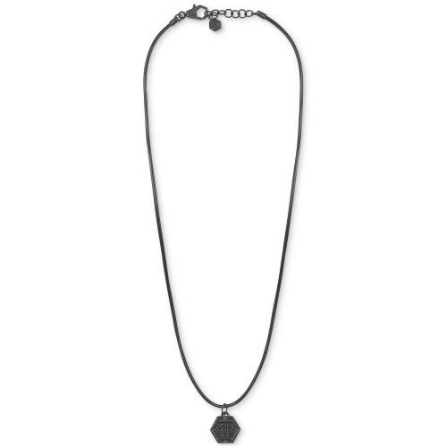 Gunmetal IP Stainless Steel Logo Leather Pendant Necklace, 17-3/4" + 1-3/5"