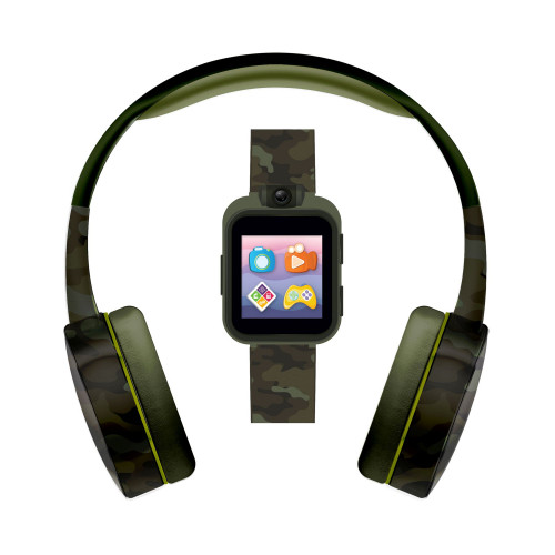 Kid's Green Camouflage Print Tpu Strap Smart Watch with Headphones Set 41mm