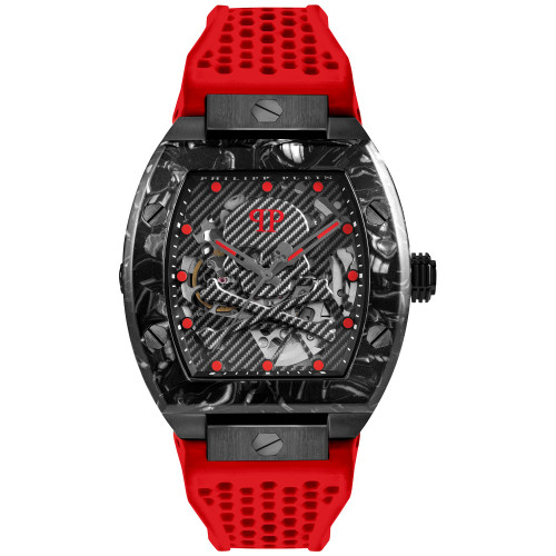 Men's Automatic The $keleton Sport Master Red Perforated Silicone Strap Watch 44x56mm