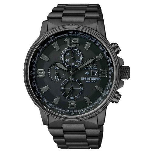 Men's Chronograph Eco-Drive Nighthawk Black Ion Plated Stainless Steel Bracelet Watch 43mm CA0295-58E