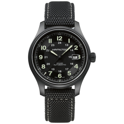 Men's Swiss Automatic Khaki Field Black Canvas Strap Watch 42mm H70575733
