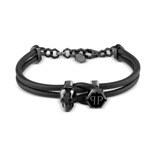 Black-Tone Stainless Steel 3D $kull & Logo Leather Flex Bracelet