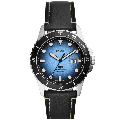 Men's Fossil Blue Three-Hand Date Black Leather Strap Watch, 42mm