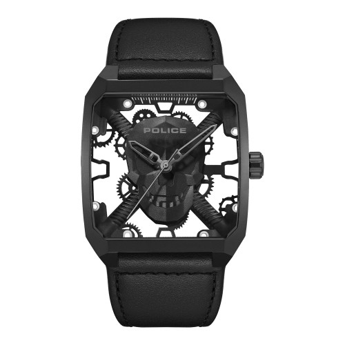 Men's Omaio Collection Black Genuine Leather Strap Transparent Watch 39mm