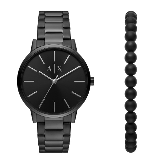 Men's Black Plated Stainless Steel Watch Gift Set with Black Beaded Bracelet Set, 42mm
