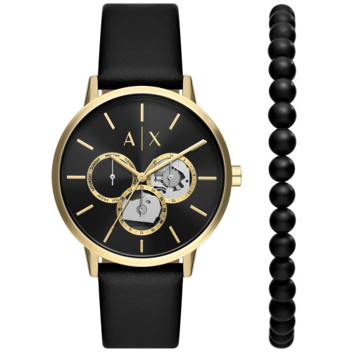 Men's Multifunction Black Leather Strap Watch, 42mm and Black Onyx Beaded Bracelet Set