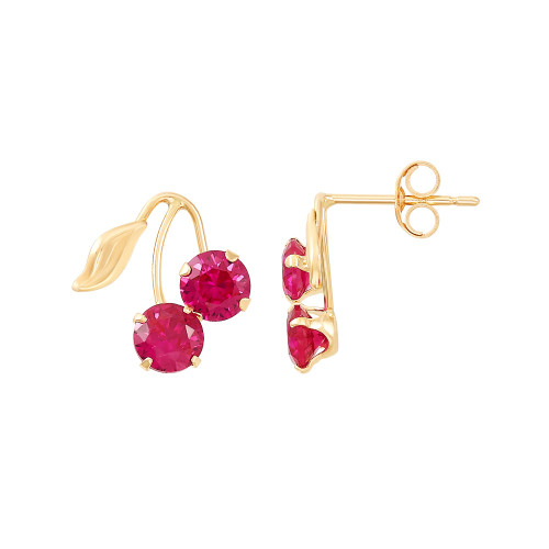 Created Ruby (1-1/3 ct. t.w.) Button Cherry Leaf Earrings in 10k Yellow Gold