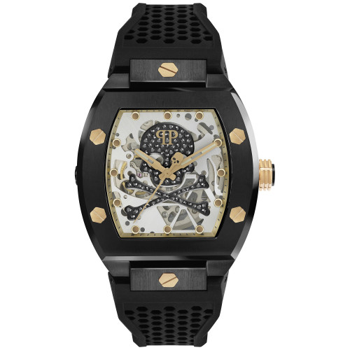 Men's Automatic The $keleton Black & Gold-Tone Tonneau Strap Watch 44mm