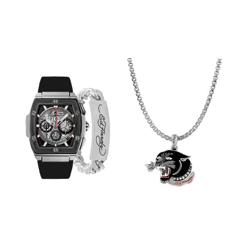 Men's Black Textured Silicone Strap Watch 48mm Gift Set