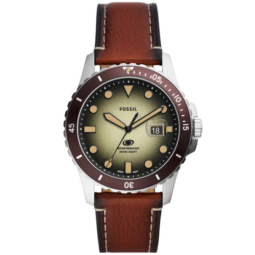 Men's Fossil Blue Three-Hand Date Brown Leather Strap Watch, 42mm