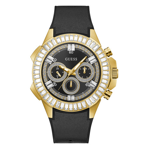 Men's Gold-Tone Glitz Smoothy Black Genuine Leather, Silicone Rubber Strap Multi-Function Watch, 47mm