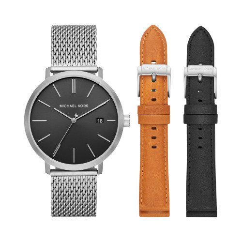 Men's Blake Black and Brown Leather Strap and Stainless Steel Mesh Bracelet Watch Gift Set 42mm