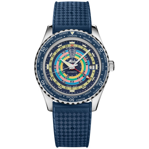 Unisex Swiss Automatic Ocean Star Decompression Worldtimer Blue Rubber Strap Watch 41mm