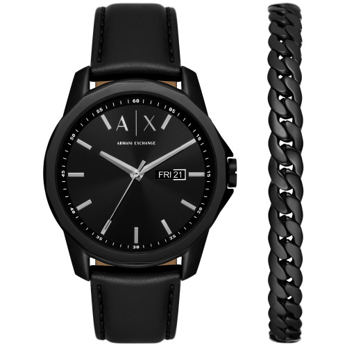 Men's Three-Hand Day-Date Quartz Black Leather Watch 44mm and Black Stainless Steel Bracelet Set