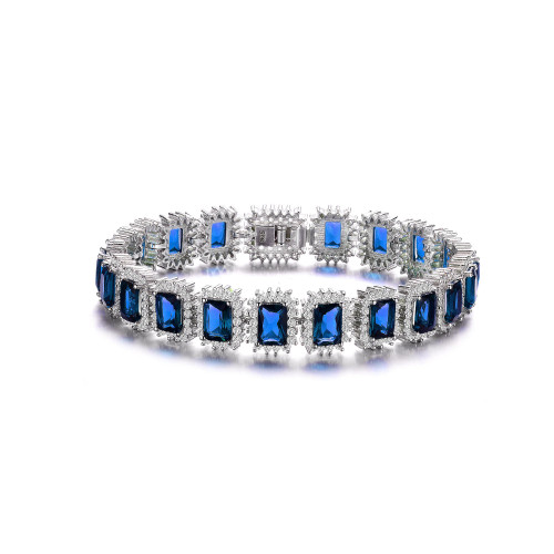 Sterling Silver with Blue Sapphire &  Cubic Zirconia Rectangular Halo Cluster Link Vintage Tennis Bracelet