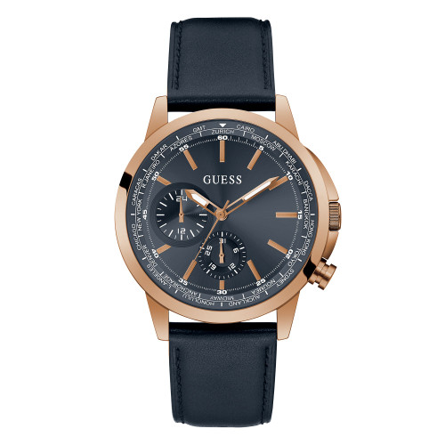 Men's Rose Gold-Tone Navy Genuine Leather Multi-Function Strap Watch, 44mm