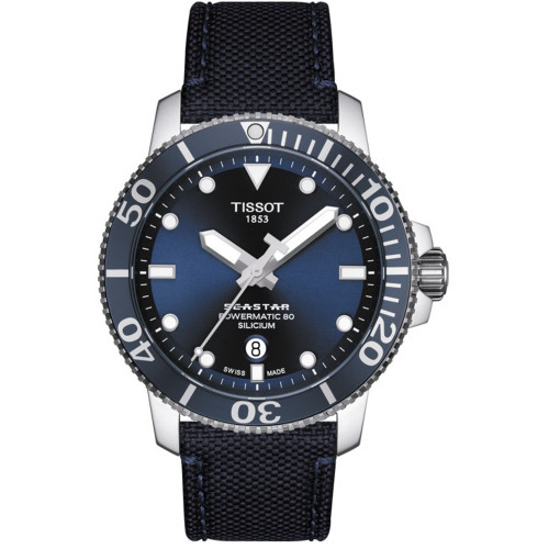 Men's Swiss Automatic T-Sport Seastar 1000 Powermatic 80 Silicium Blue Fabric Strap Diver Watch 43mm