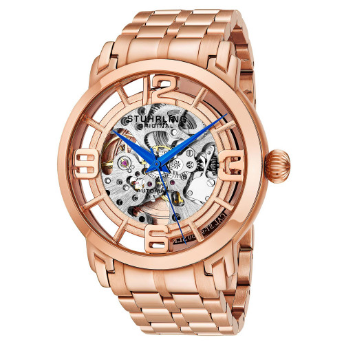 Stainless Steel Rose Tone Case on Stainless Steel Link Bracelet, Rose Tone Dial, with Blue Accents