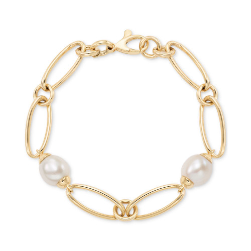 Cultured Freshwater Pearl (9-3/4 x 10-3/4mm) Oval Link Bracelet in 14k Gold-Plated Sterling Silver