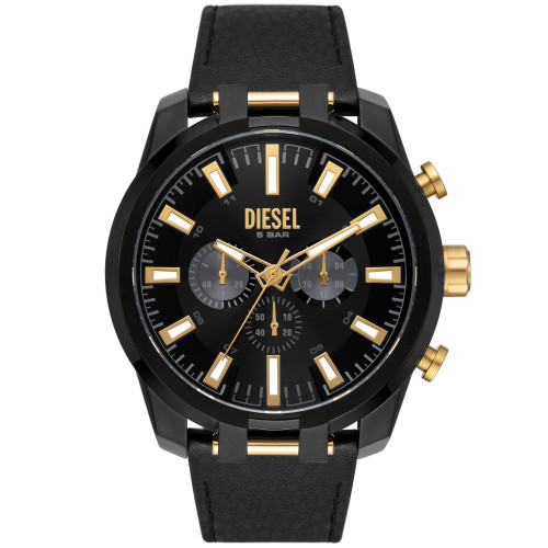 Men's Split Black Leather Strap Watch, 51mm