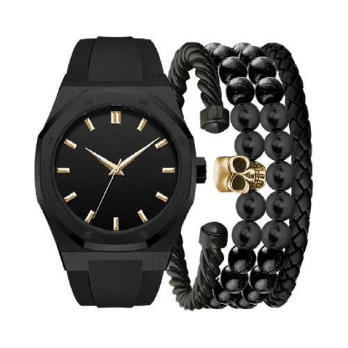 Men's Black Silicone Strap Watch 47mm Gift Set