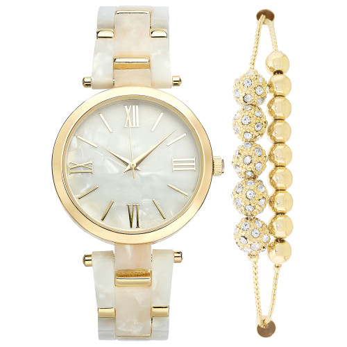 Women's Gold-Tone & Mother-of-Pearl Bracelet Watch 38mm & Slider Bracelet Set, Created for Macy's